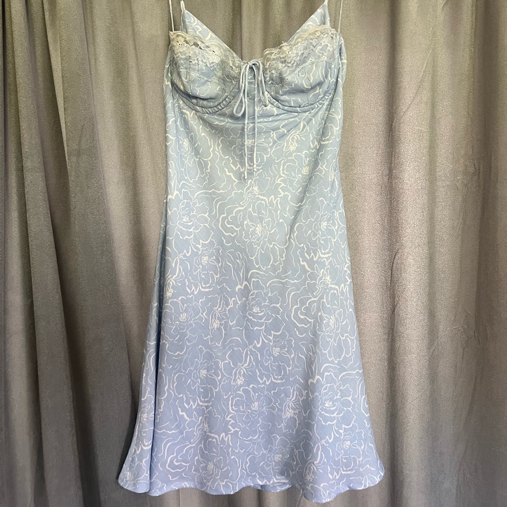 Cotton Candy Light Blue Floral Satin Mini dress with Lace Trim